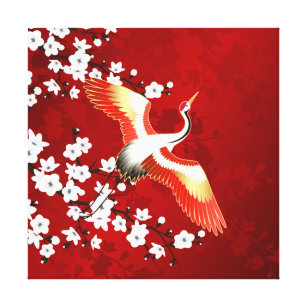 Impressão Em Tela Vermelho de Flor Branca de Crane Japonesa
