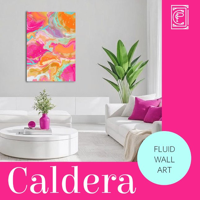 Impressão Em Tela Vibrant Abstract Fluid Art in Hot Pink & Orange  (Hot Pink Gold Teal Orange Fluid Abstract Wall Art)