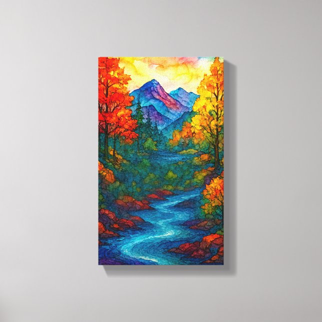 Impressão Em Tela Vibrant Alcohol Ink Mountain river and trees  (Frente)
