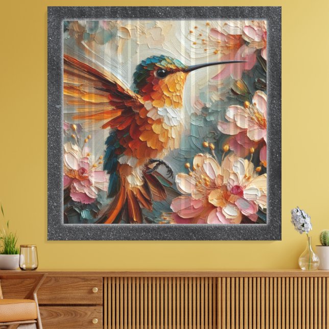 Impressão Em Tela Vibrant Hummingbird & Floral Textured Painting –  (Insitu(Sala de estar))