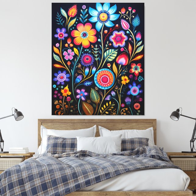 Impressão Em Tela Vibrant Neon Floral Black Background Wood Plaque (Insitu(Quarto))