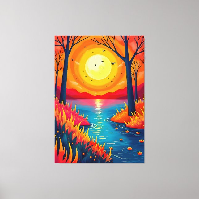Impressão Em Tela Vibrant Orange Sunset Lake Landscape Art (Frente)