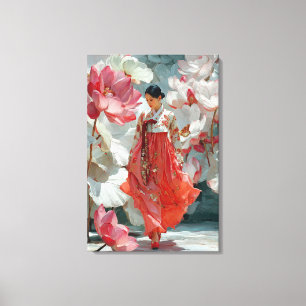 Impressão Em Tela Vibrante Hanbok Vermelho e Arte em Tela Floral Ros