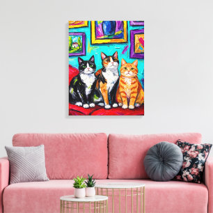 Impressão Em Tela Vibrante Impasto Três Gatos Galeria Parede Tela