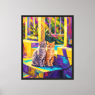 Impressão Em Tela Vibrante Impressionista Duas Gatas Varanda Ensolar