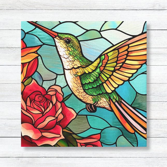 Impressão Em Tela Vidro achatado Hummingbird Floral (Stained Glass Hummingbird with Roses - Kitchen Wall Canvas Art)