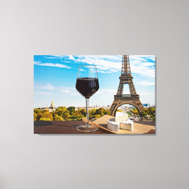 Impressão Em Tela Vidro de vinho com queijo ceroso na torre Eiffel (Frente)