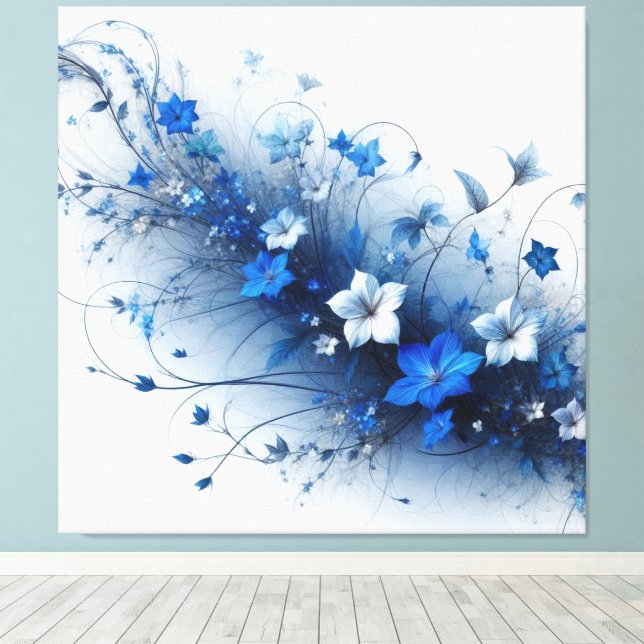 Impressão Em Tela  Vinha Floral Azul e Branco  (Insitu(piso de madeira))