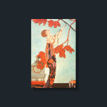 Impressão Em Tela Vintage Art Deco, Pássaro Voador de George Barbier<br><div class="desc">Ilustração visual, imagem deco com uma bela mulher de moda vestindo um vestido floral com seu pássaro de estimação com penas longas de cauda em uma árvore. Uma gaiola vazia da qual o pássaro escapou está no chão ao lado da senhora glamourosa. Flighty Bird (L'Oiseau Volage), do artista George Barbier,...</div>