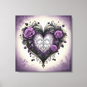 Impressão Em Tela Vintage Black Heart & Purple Rosas em estilo gótic