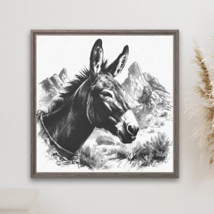 Impressão Em Tela Vintage Black & White Donkey Western Wall Art