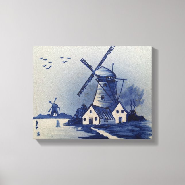 Impressão Em Tela Vintage Blue White Delft Windmill (Frente)