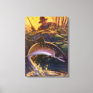 Impressão Em Tela Vintage Brook Trout Fish Pescador, Pesca Desportiv