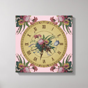 Impressão Em Tela Vintage Clock com Flores