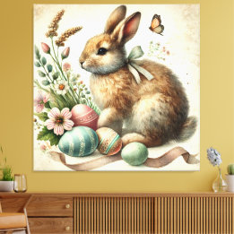 Impressão Em Tela Vintage Easter Bunny Rabbit Watercolor