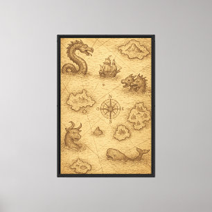 Impressão Em Tela Vintage Engrave o Mapa Antigo com Monstros Marítim