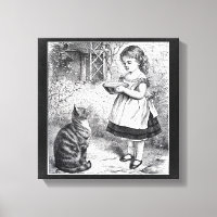 Vintage Girl feed Cat a Saucer milk