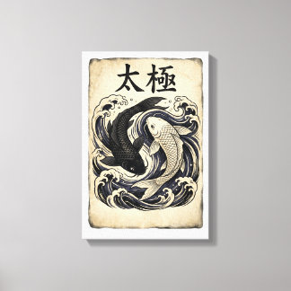 Impressão Em Tela Vintage Japanese Koi Fish Yin Yang Graphic