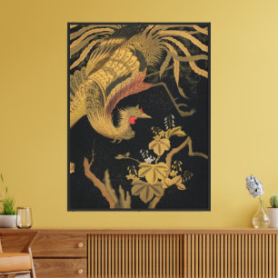 Impressão Em Tela Vintage Japonês Phoenix Gold Black Bird