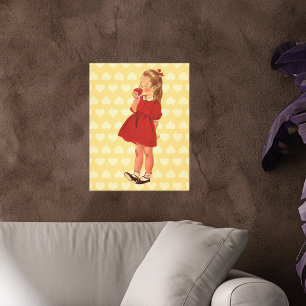 Impressão Em Tela Vintage Little Girl Red Dress Apple