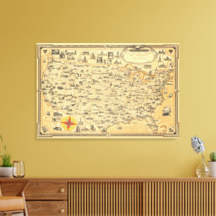 Impressão Em Tela Vintage Map dos Estados Unidos da América EUA