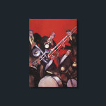 Impressão Em Tela Vintage Music, Art Deco Musical Jazz Banda Jamming<br><div class="desc">Ilustração Vintage com design de arte apresentando uma imagem musical com uma banda de músicos tocando trombones,  tambores,  saxofone e outros instrumentos enquanto o vocalista está segurando um microfone.</div>