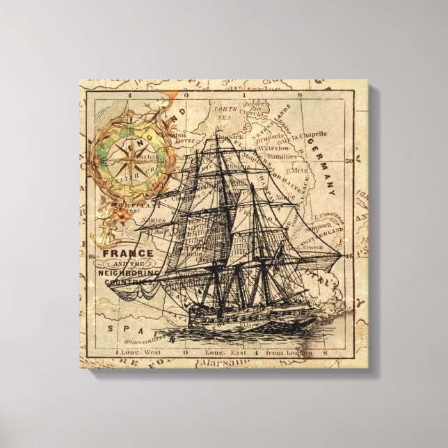 Impressão Em Tela Vintage Navio E Mapa (Frente)