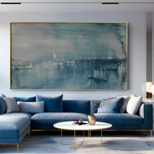 Impressão Em Tela Vintage Night Cityscape Blue Foggy Skyline
