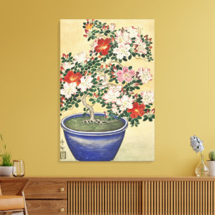 Impressão Em Tela Vintage Ohara Koson Azaléia em Arte de Pote Azul