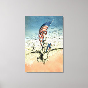 Impressão Em Tela Vintage Patriótico, Senhora, Águia com Bandeira Am