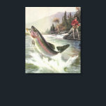 Impressão Em Tela Vintage Rainbow Trout Pescador Pesca de Peixes<br><div class="desc">Ilustração Vintage design desportiva com pescador pescando num rio. Uma truta arco-íris está saltando e saltando da água.</div>