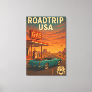 Impressão Em Tela Vintage Route 66 Road Trip - Retro American Viagem