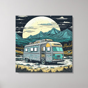 Impressão Em Tela Vintage RV nas montanhas com lua cheia