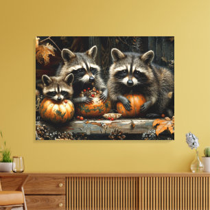Impressão Em Tela Vintage Three Raccoons and Pumpkins Autumn 32x24