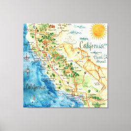 Impressão Em Tela Vintage Watercolor California Travel Map Art