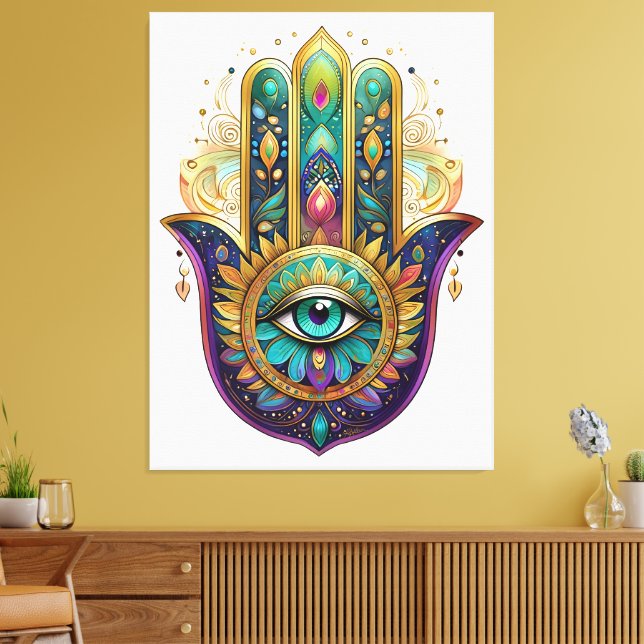 Impressão Em Tela Violet Green Gold Petals Hamsa Turquoise Third Eye (Insitu(Sala de estar))