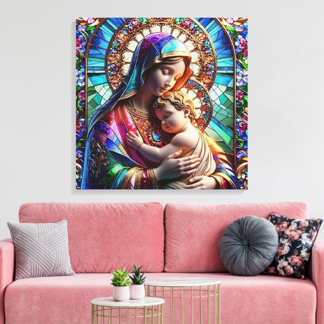 Impressão Em Tela Virgem Maria e Bebê Jesus Vidro Mantido (Insitu(Sala de estar))