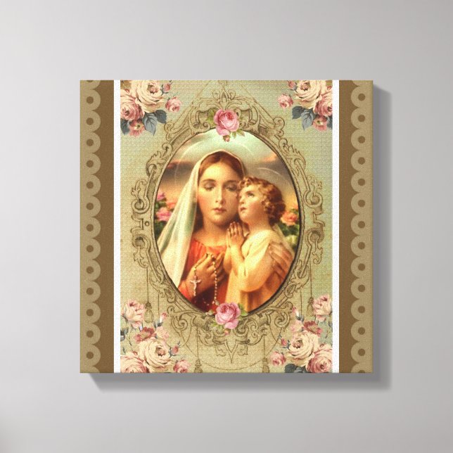 Impressão Em Tela Virgem Mary Madonna Child Jesus Rosa Rosary (Frente)