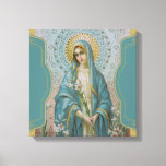 Impressão Em Tela Virgem Santa Maria com Lírios<br><div class="desc">Linda tela impressa da Virgem Abençoada Maria segurando lírios em suas mãos. A impressão está cercada de flores e ouro decorativo e borda azul aqua.</div>