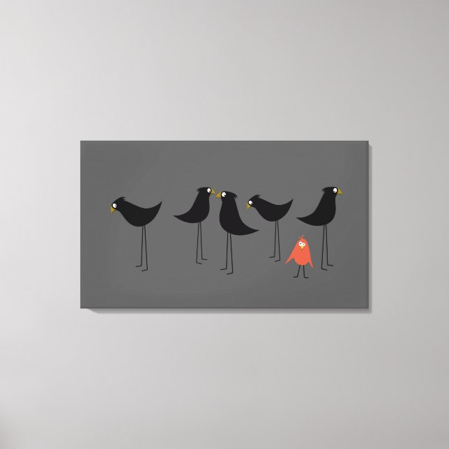 Impressão Em Tela Visitante de pássaro preto, fundo da Cinza (Frente)