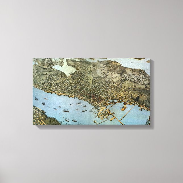 Impressão Em Tela Vista aérea do mapa antigo da cidade de Seattle Wa (Frente)