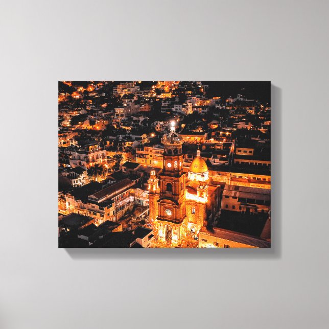 Impressão Em Tela vista de pássaros sobre a cidade iluminada (Frente)