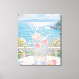 Impressão Em Tela Vista dos Sonhos do Oceano com Flores Rosas Arte d