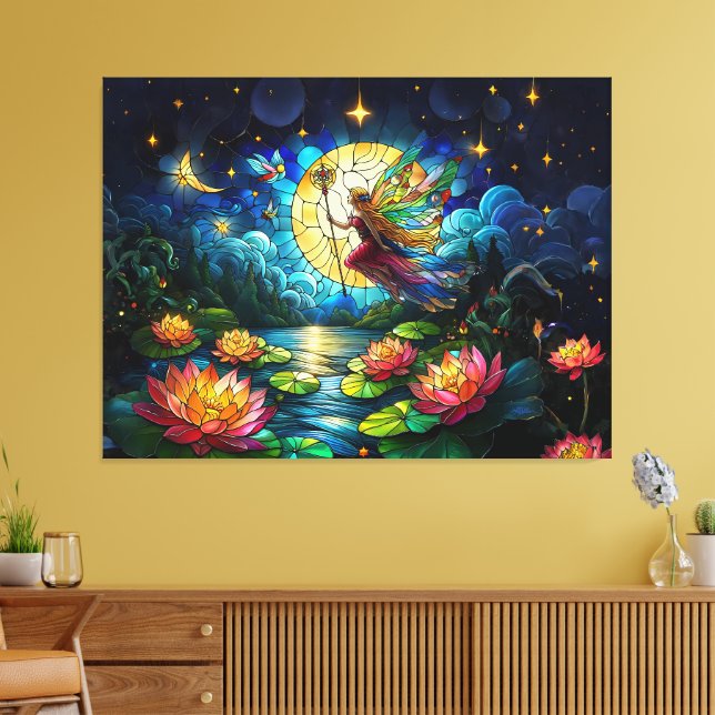 Impressão Em Tela Voo da Fada ao Luar com Vitral (Insitu(Sala de estar))