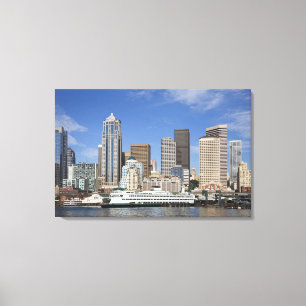 Impressão Em Tela WA, Seattle, panorama de Seattle com balsa