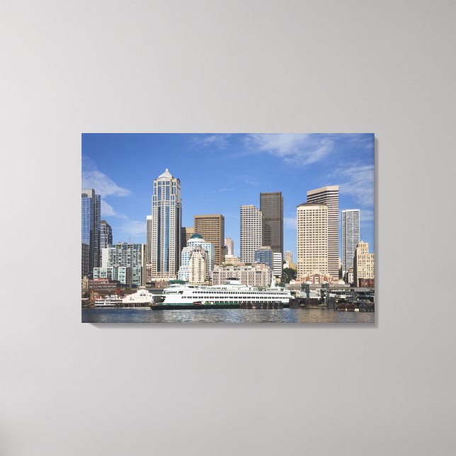 Impressão Em Tela WA, Seattle, panorama de Seattle com balsa (Frente)