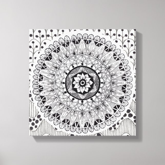 Impressão Em Tela Wall Art Black and White Medallion Doodle (Frente)