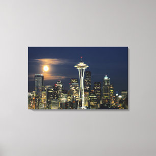 Impressão Em Tela Washington, Seattle, Silhueta noturna da cidade a