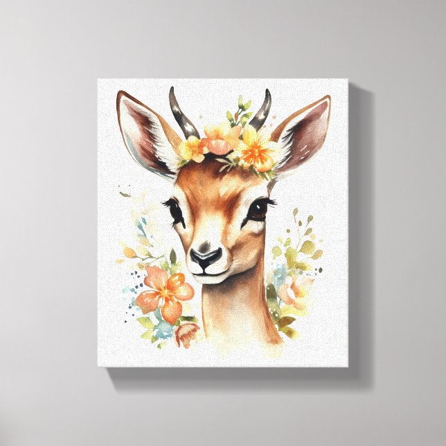 Impressão Em Tela Watercolor Baby Gazelle com Flores (Frente)