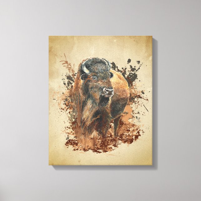 Impressão Em Tela Watercolor Bison Buffalo Animal Willife Nature (Frente)